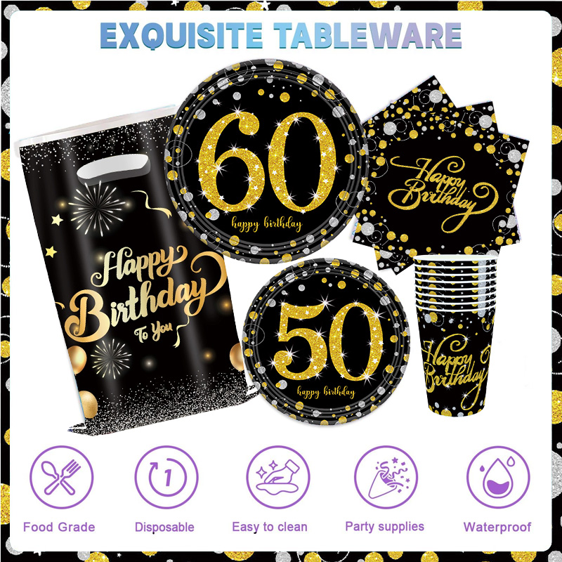 30th 40th 50th bursdagsfestpynt for menn og kvinner svart og gull festutstyr sett servise tallerkener kopper servietter duk