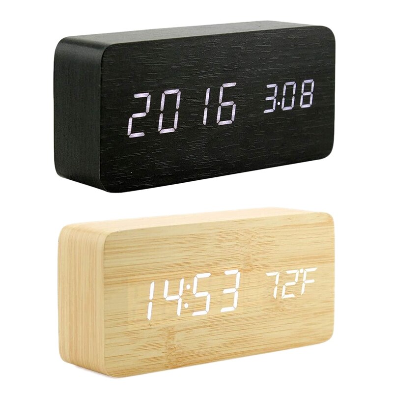 Wooden Digital Alarm Clock, Wood Multi-Function LED Alarm Clock with USB Power Supply, Voice Control