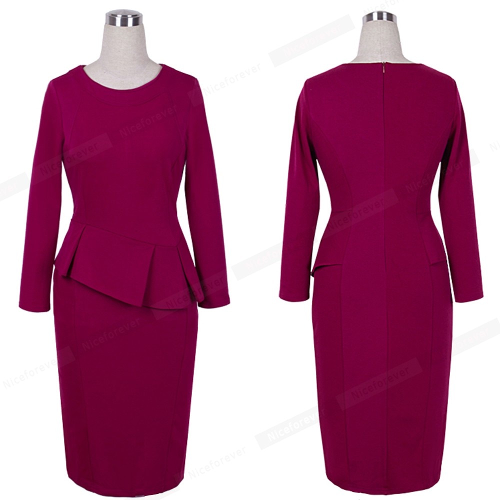 Nice-forever elegante cor sólida peplum vestidos de escritório festa de negócios bodycon bainha vestido feminino 635