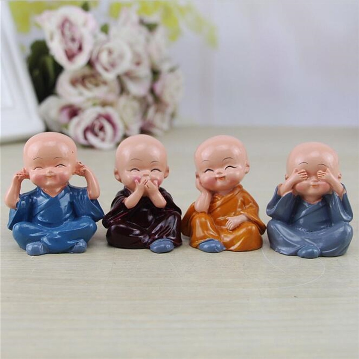 4 st/parti religiös ingen tala hör se tänk onda buddha munk statyer harts hantverk bil prydnader hemmakontor stationär dekoration