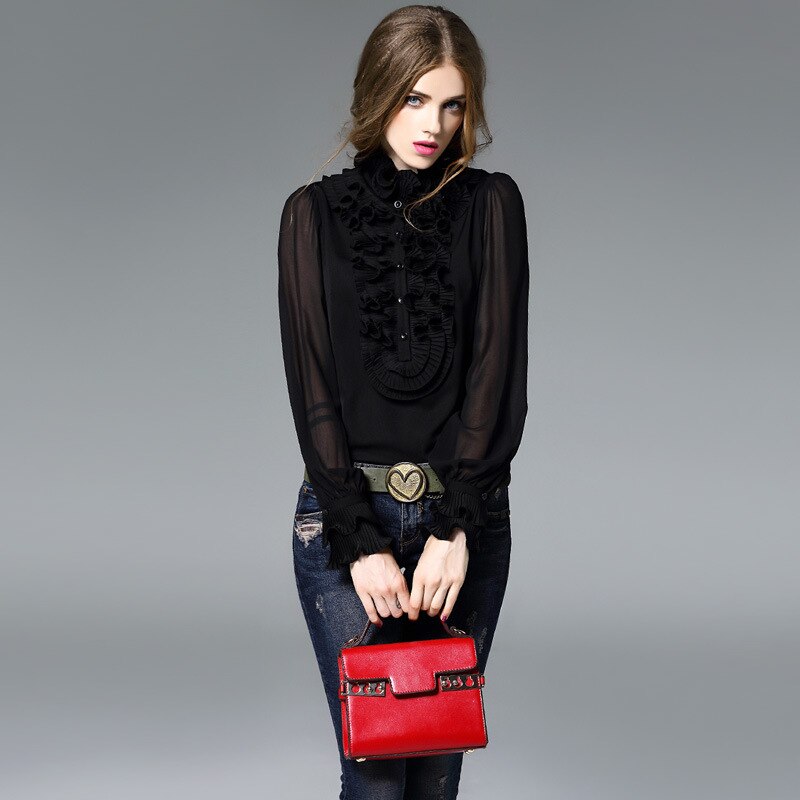 Haut de gamme automne nouvelle femmes Satin soie Blouse chemise décontracté à volants col pli pulls réel soie Blouses hauts