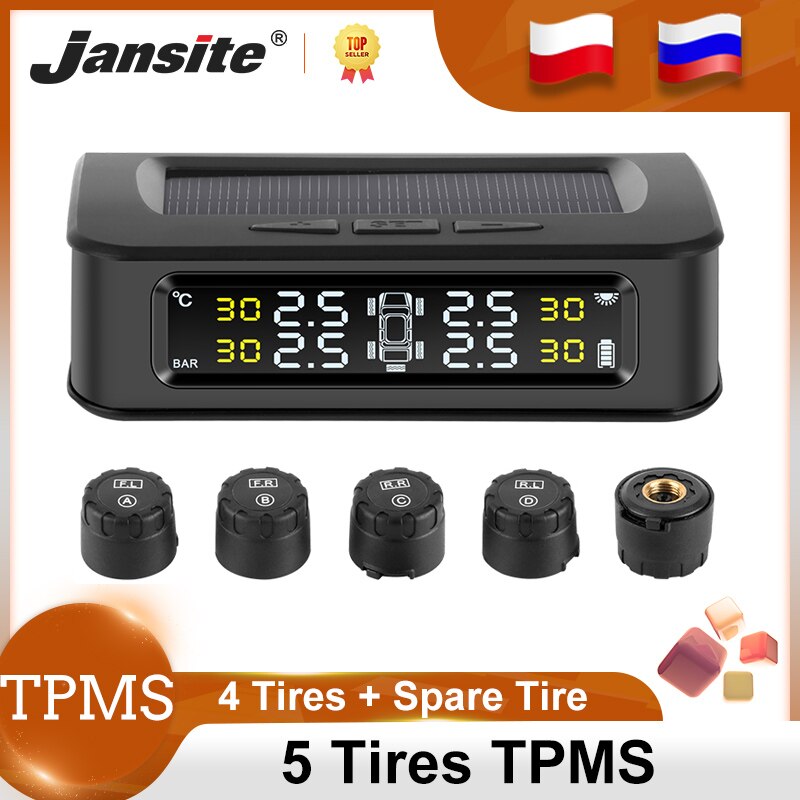 Jansite TPMS Car 5 Tire sensors Pressure Alarm Monitor System Display Solar charge pressure control Warning with Externa sensors
