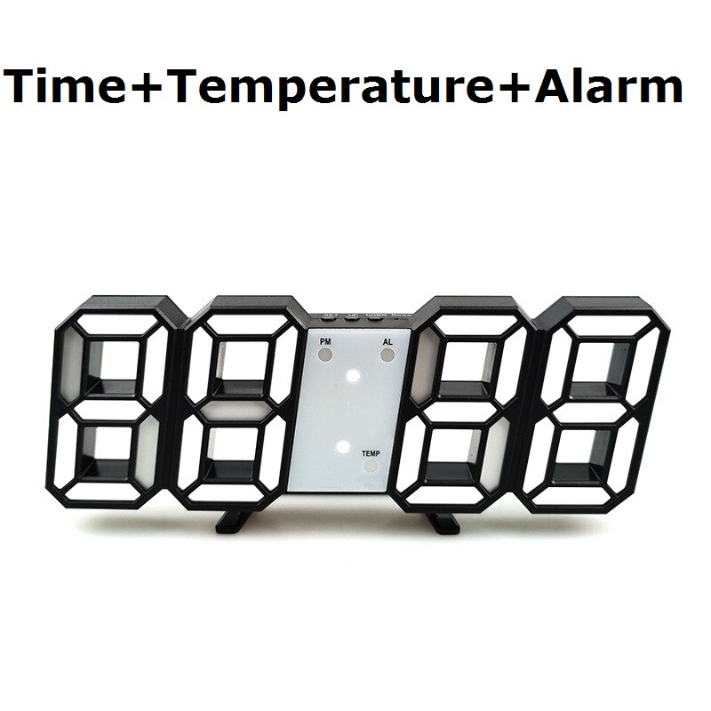 3D horloge moderne numérique 12/24 heure affichage de l'heure mur LED horloge LED rétro-éclairage support de température ou suspendus alarmes pour chambre à coucher: Black Shell White