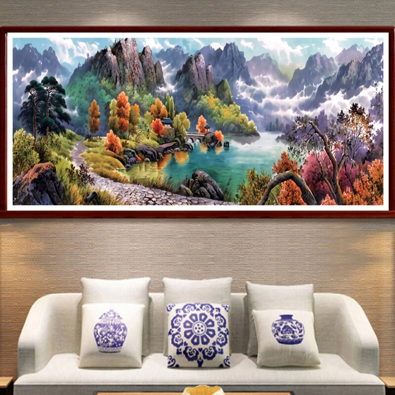 Bläck landskapsmålning korsstygnssatser broderi handarbetsset vattenlösliga dukmönster 11ct ymnighetshorn heminredning: 11ct siden 150 x 62cm