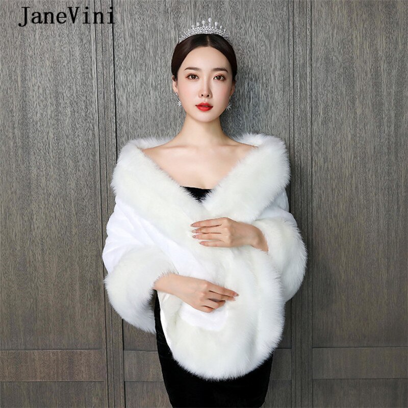 JaneVini Elegante Ivoor Cape Mantel Bridal Faux Fur Wrap Winter Warm Grote Sjaal Jas Plus Size Bolero Vrouwen Bruiloft Accessoires
