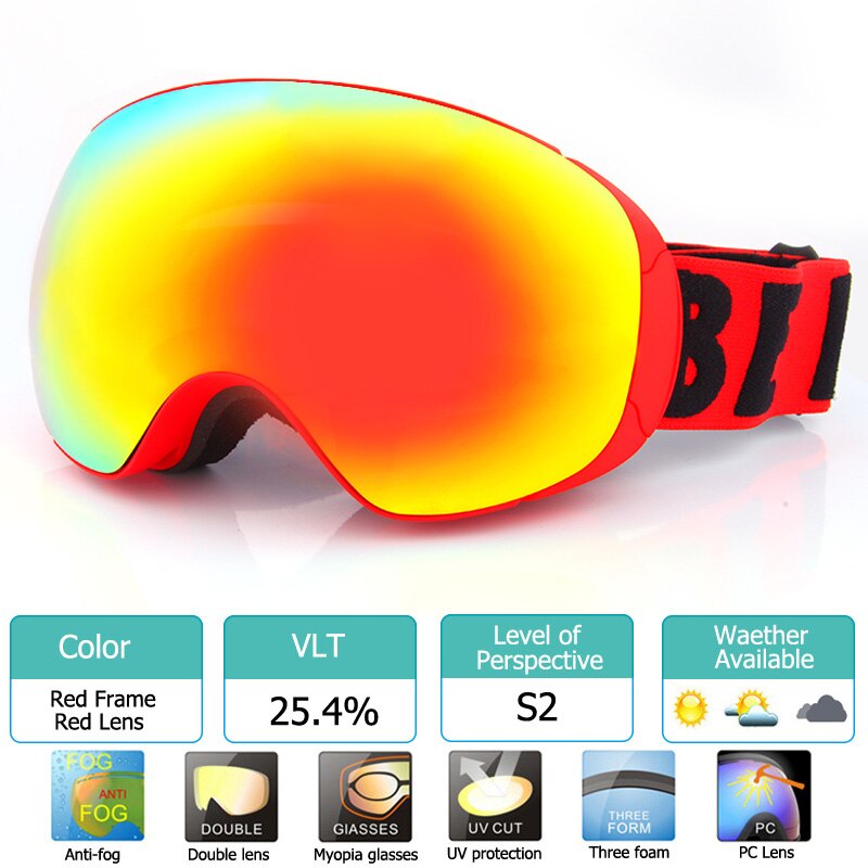 Novo óculos de esqui magnético com lente de mudança rápida uv400 proteção anti-nevoeiro snowboard óculos para homem e mulher óculos de esqui: Red with Red