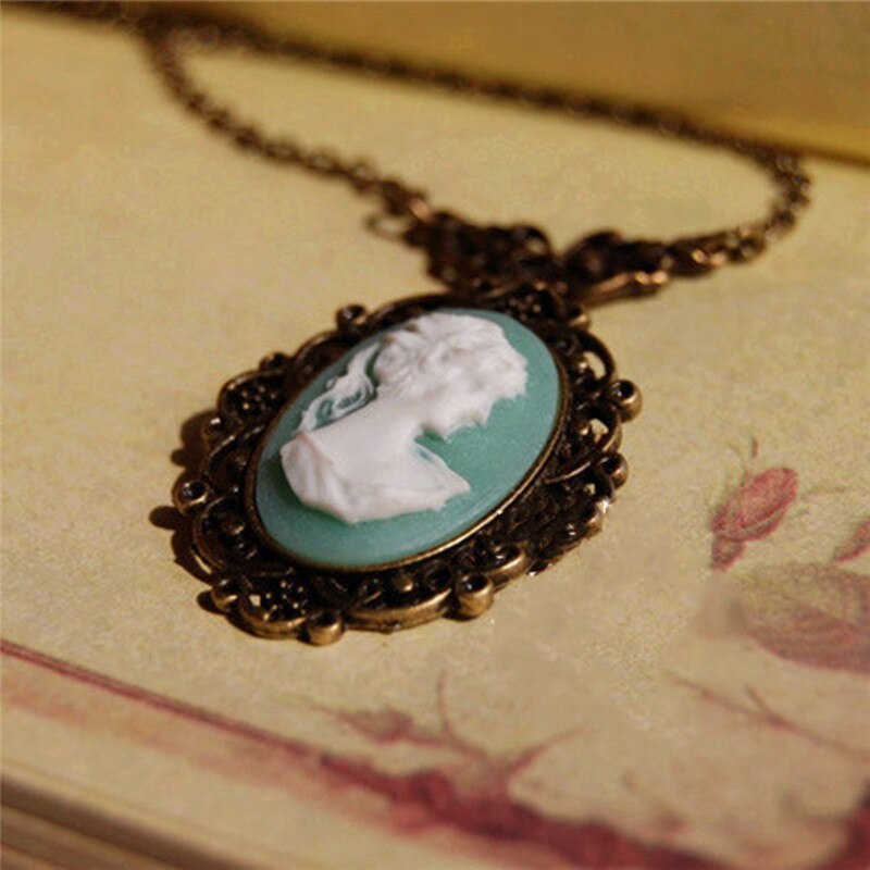 BOAKO Vintage Style Brons Lichtblauw Cameo Ketting Schoonheid Hoofd Sculptuur Hanger Ketting voor Vrouwen collier femme X7-M2