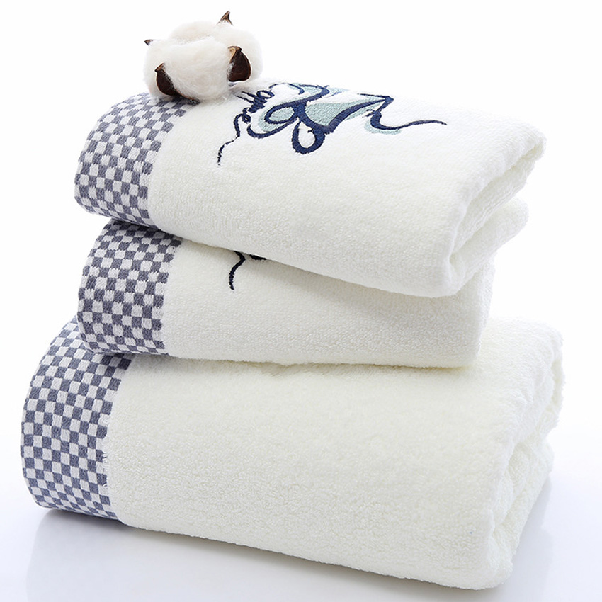 Embroidery Towel Set Pure Cotton Pure Color Sports Soft Printing Beauty Towel Plaid Bath Towel Adult Children Home Bathroom: Blue / 2pcs Towel Set