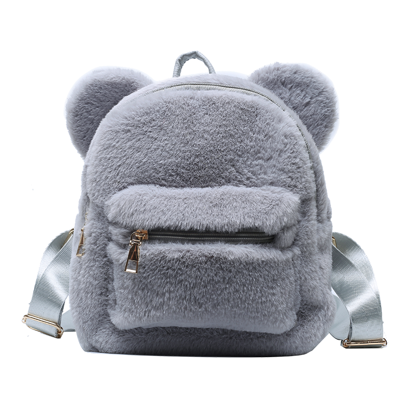 Mini zaino soffice a scacchi per donna 2021 orecchie di orso zaino in peluche scacchiera borsa con spalle in pelliccia zaino peloso scozzese Kawaii: Grey
