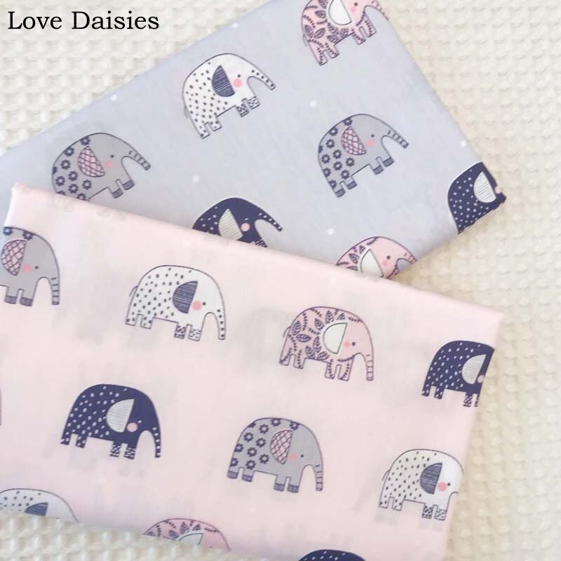 Tela de sarga de algodón para tejido de elefante pequeño de dibujos animados, gris y rosa, para ropa de cama de cuna, cojín, Sábana, decoración de trabajo manual
