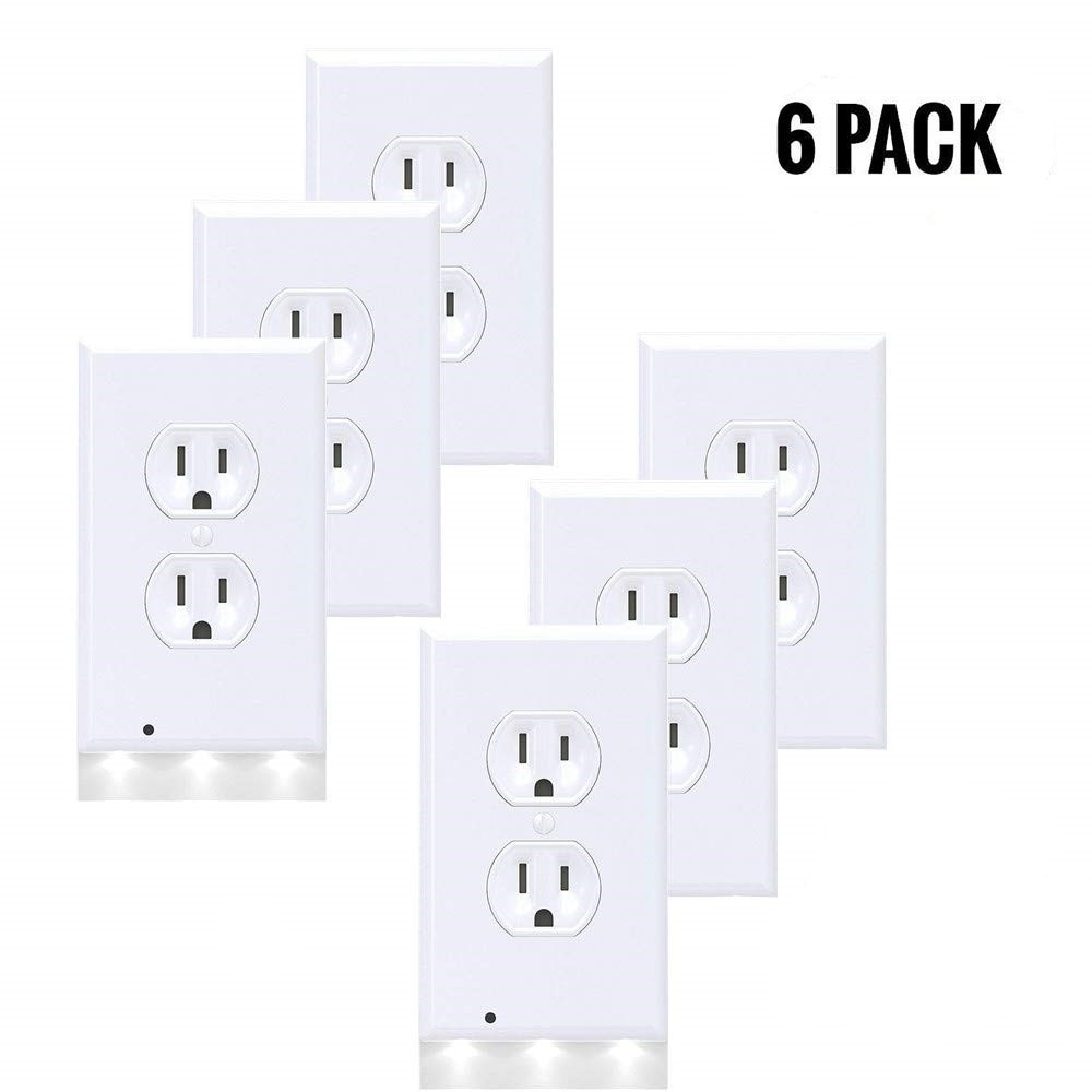 6Pack Wall Outlet Plate LED Night Light Illuminated Plug Cover With Sensor Inductive Guidelight Easy Snap On No Wire Or Battery