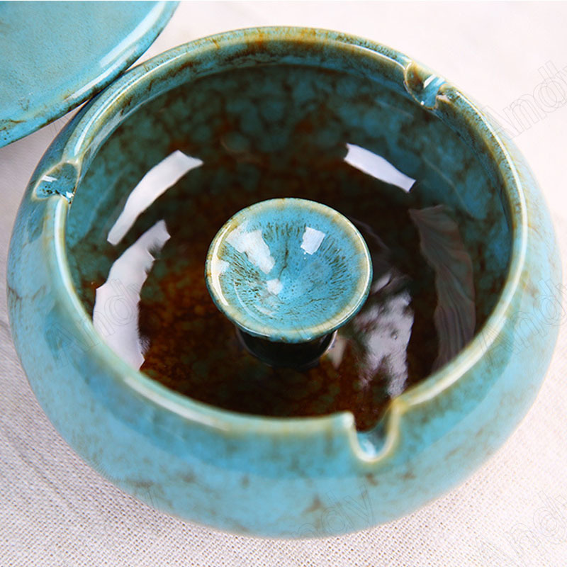 European Ceramic Ashtray with Lid Kiln Change Glaze Decorative Desktop Ashtrays Living Room Retro Ash Tray Ornaments