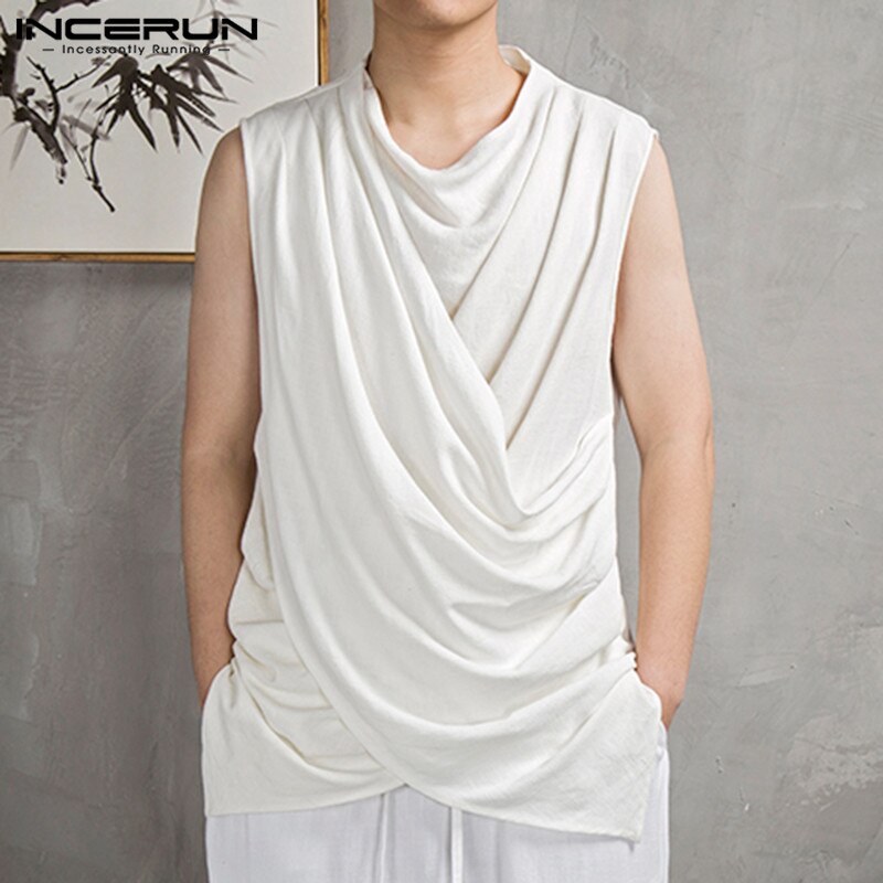 Mannen Mode Pure Kleur Crew Casual Tank Tops Retro Baggy Comfort Katoen Zomer Heren Mouwloos Onregelmatige Tops Streetwear Incerun