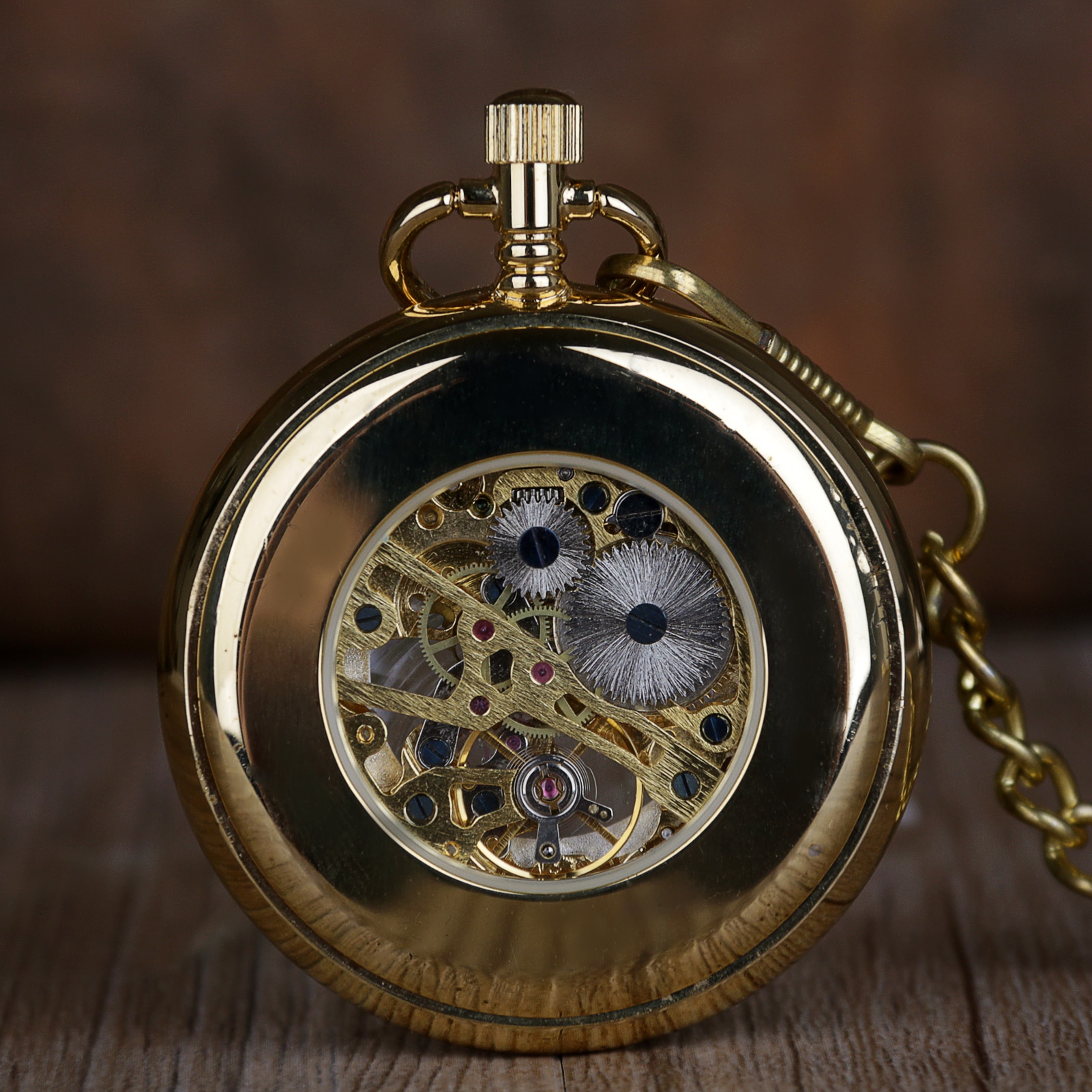 Luksus gyldne mekaniske lommeure guld skelet håndviklet retro mandligt ur med vedhæng kæde