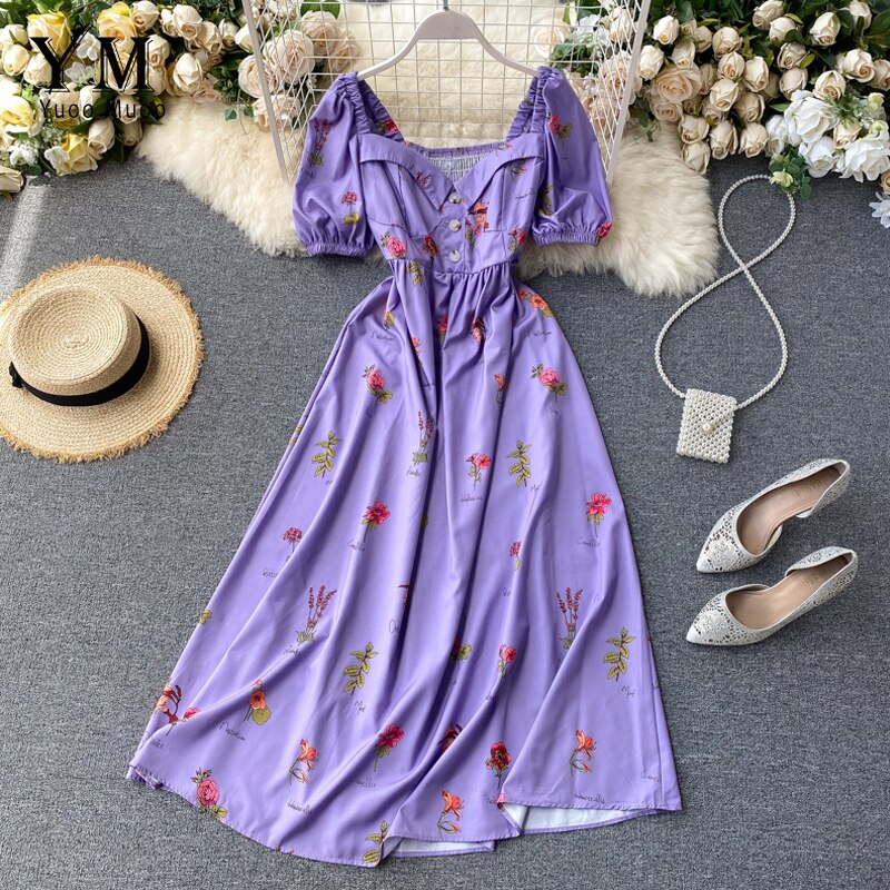 Yuoomuoo kvinner sommer ins lang kjole kvinnelig stil blomsterprint maxi kjole dame a-linje festkjole vestidos