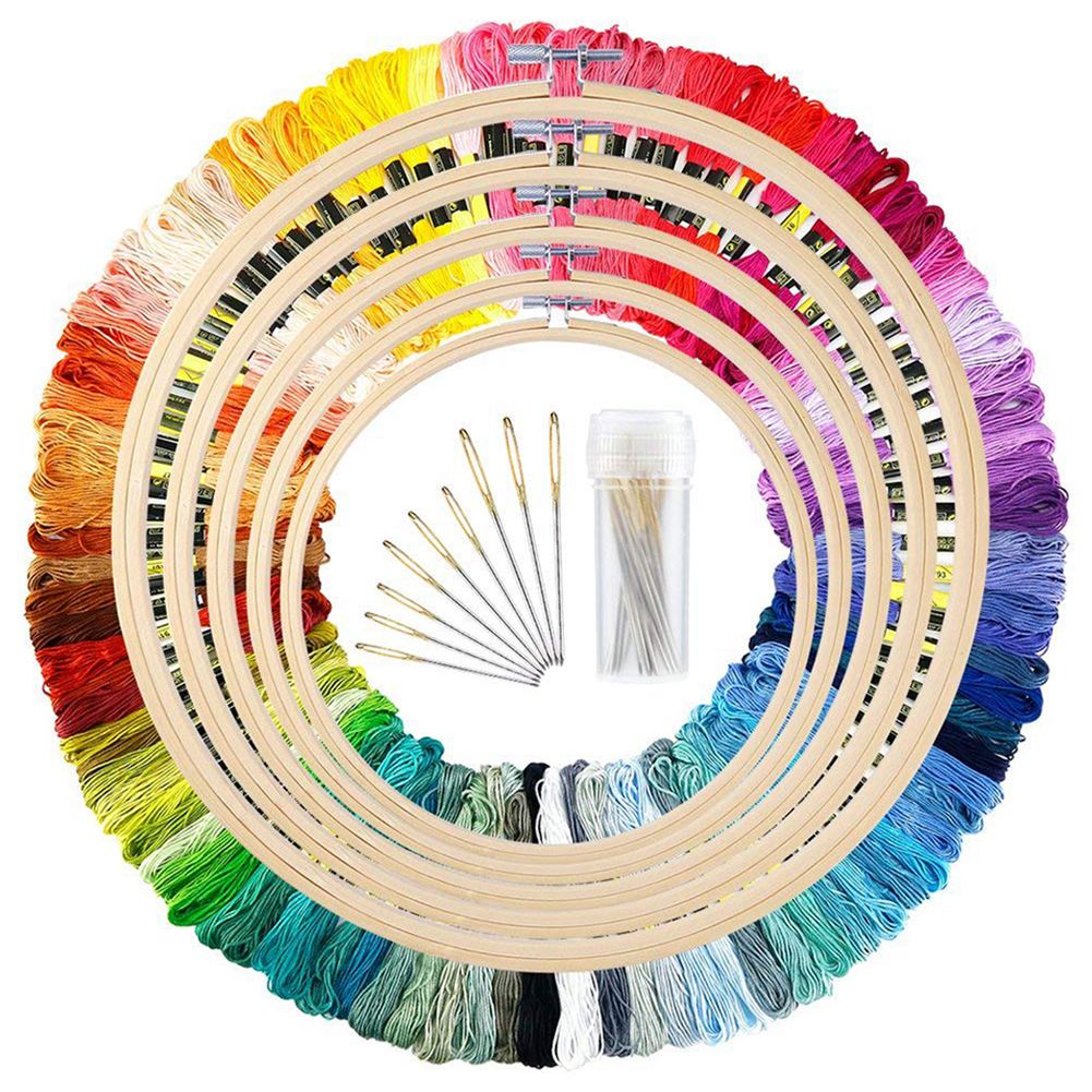 5 Pieces Bamboo Embroidery Hoops with 100 Colors Skeins Embroidery Thread Floss Cross Stitch and Needles