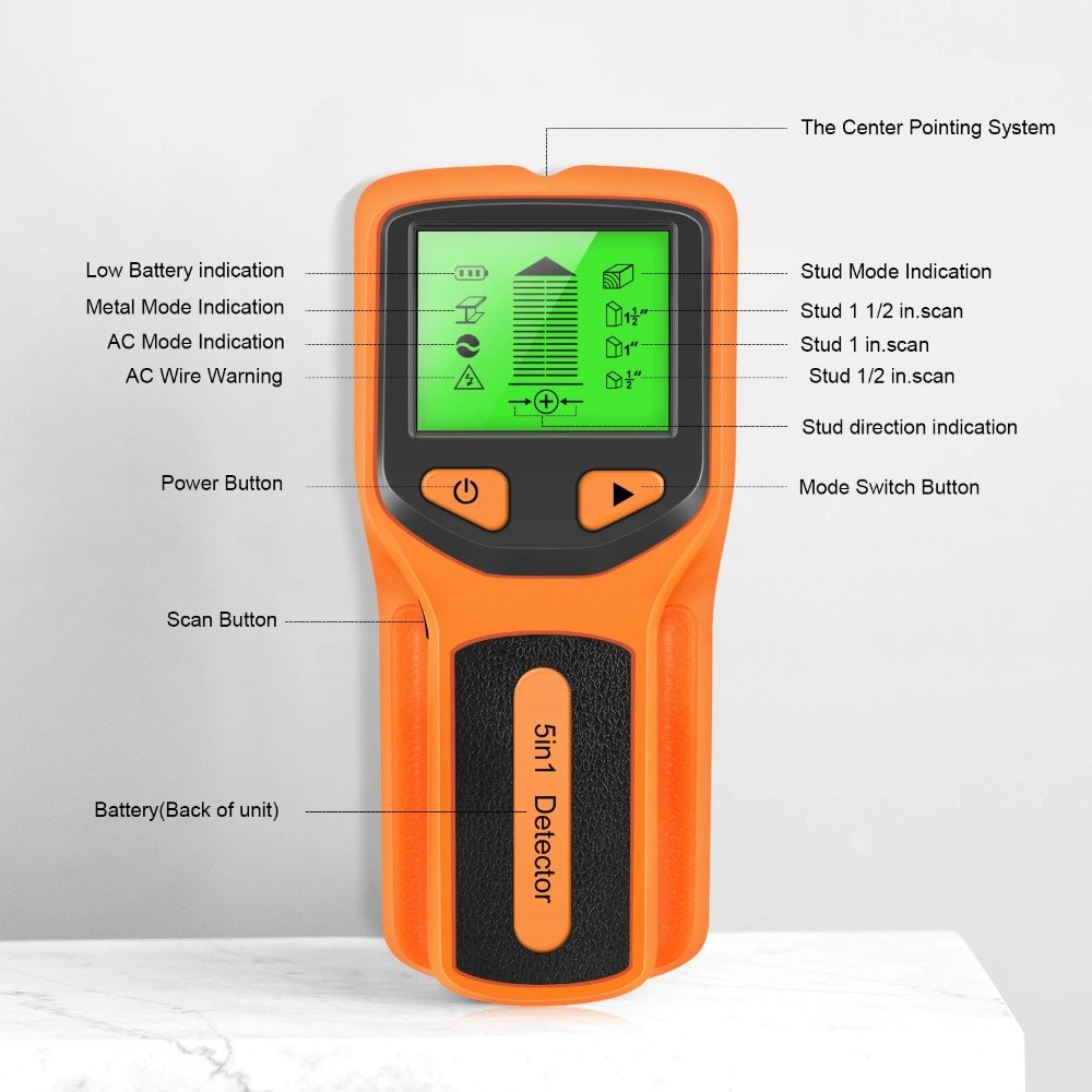 5-in-1 digitale wanddetector, handheld wandscanner voor metaal, hout, stroomdraden, kabels, PVC en waterleidingen.