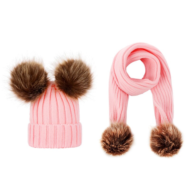 Leuke gebreide kinderen hoed met een sjaal dubbele bal faux fur hoeden sjaals set winter accessoires voor baby sjaal muts kids: 6