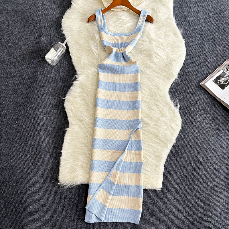 Stribet sommer elastisk split bodycon kjole sexet strandferie sommerkjole kvinder afslappet slank blyant vestidos maxi lang kjole: Blå