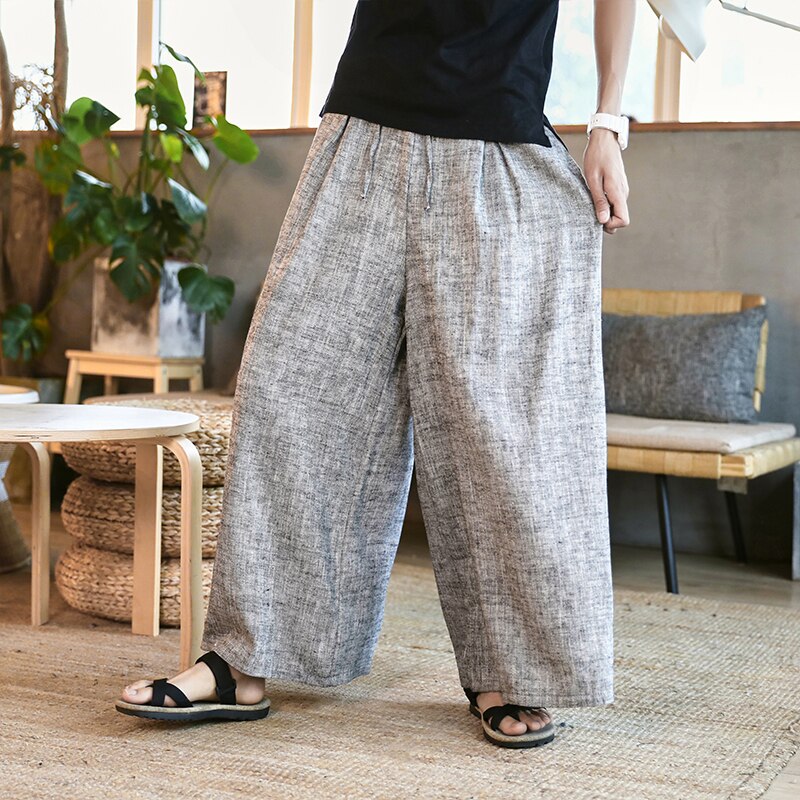 Mand bomuld linned brede ben bukser herre stribe straight flare bukser mandlige traditionelle baggy bukser behagelige åndbare bukser