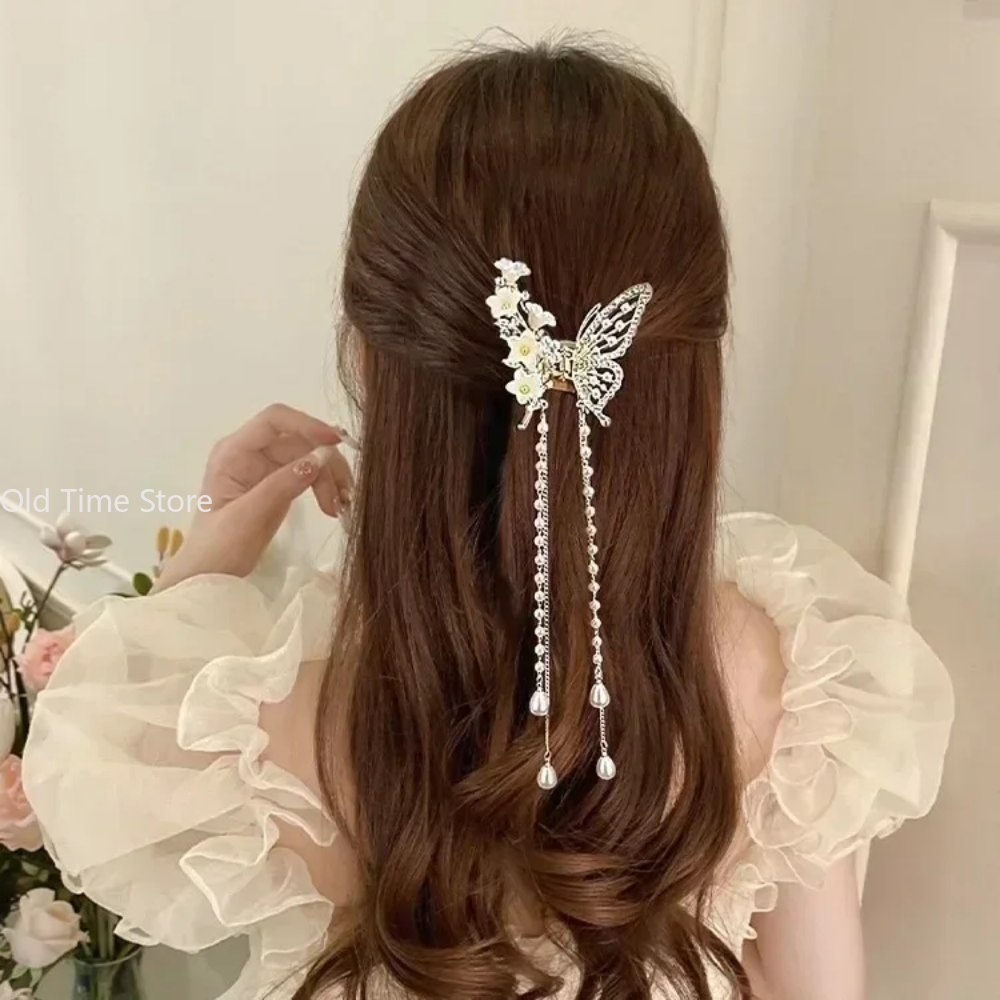Pinza para el pelo con borlas de mariposa y perlas, horquilla para Festival de flores rojas para niñas, pinzas para el pelo con cola de caballo, accesorios de para mujeres y cangrejos,
