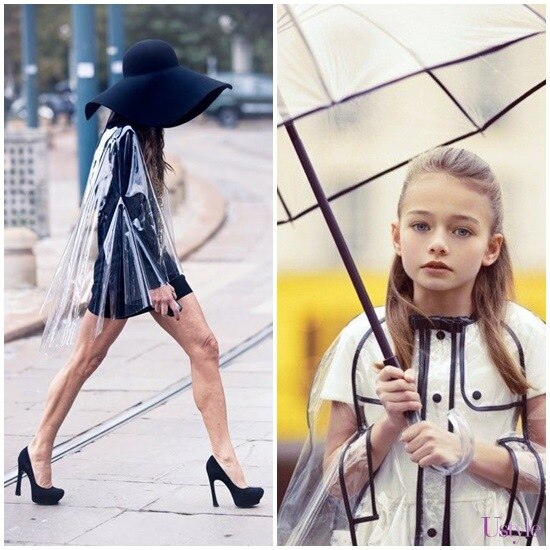 1pc Black Transparent Vinyl Raincoat Runway Style Womens Girls Clear Rain Coat