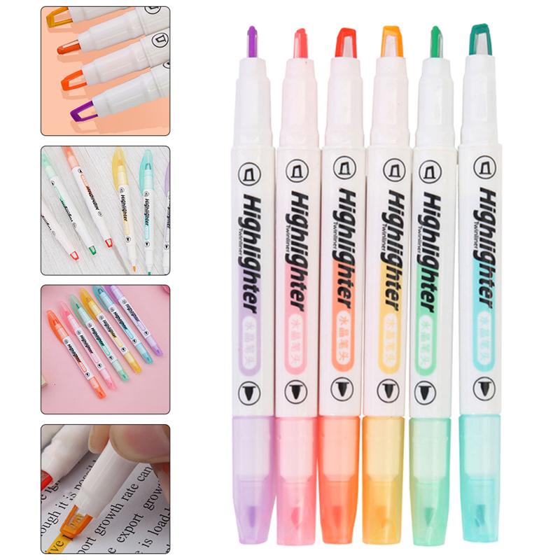 6Pcs Clear View Double Ended Marker Pen Chisel Tip and Fine Tip Highlighter Pens
