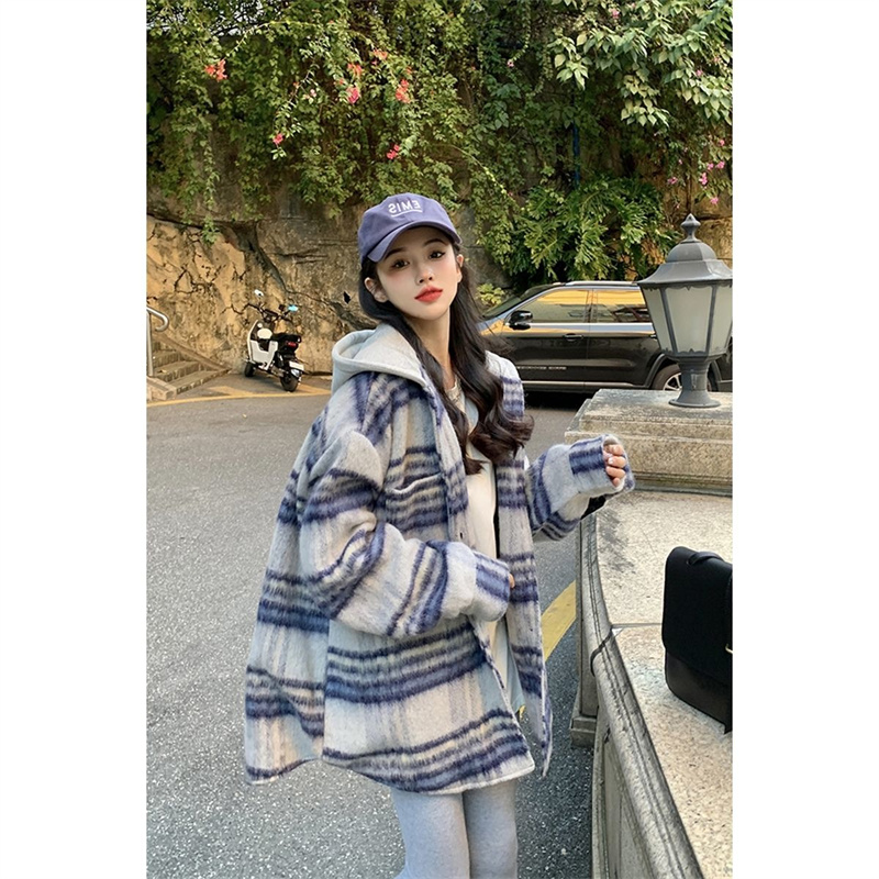 Rutig ulljacka med huva för kvinnor vår höst japansk koreansk version löst sittande avslappnad lat stil topp för