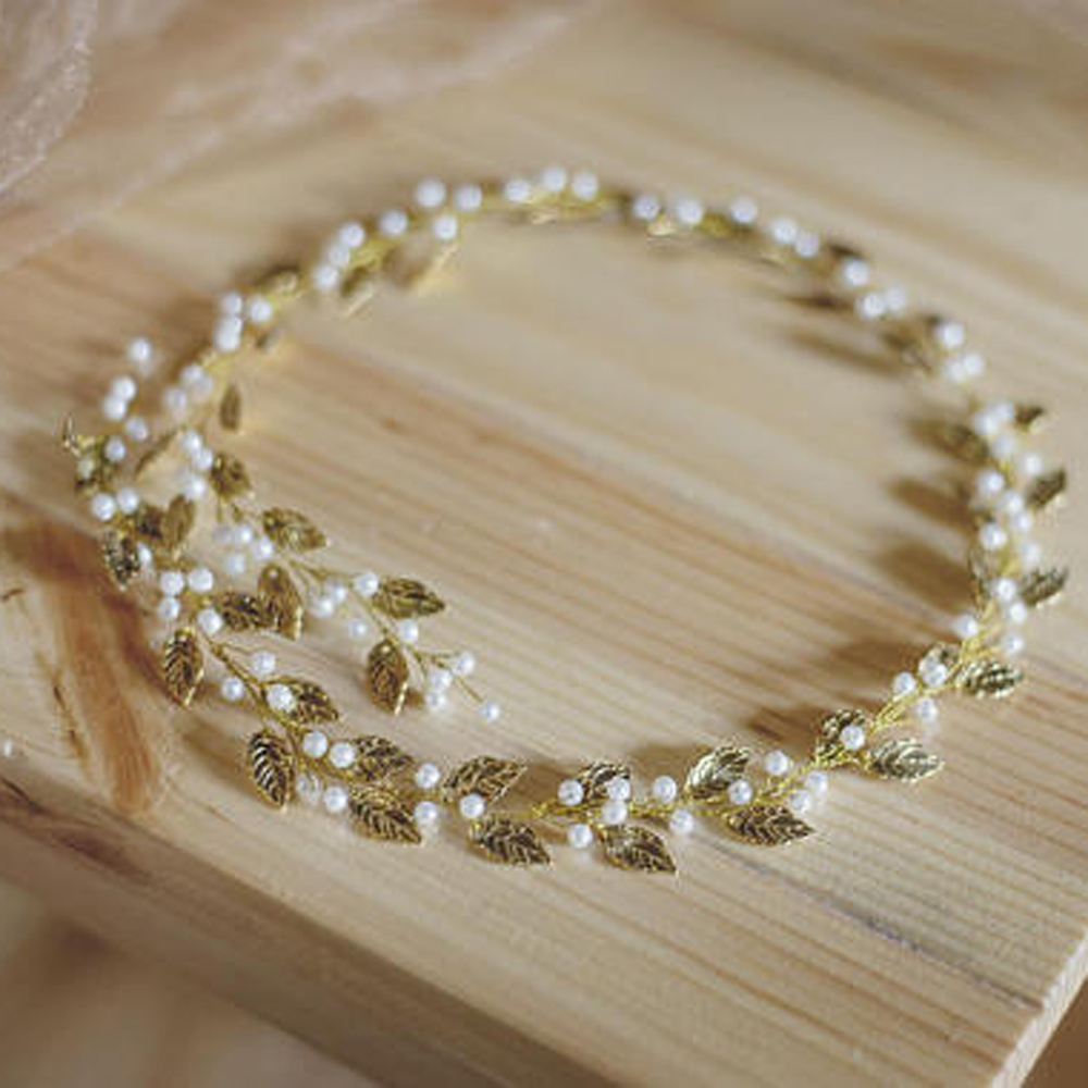 Diadema Retro con hojas y perlas para mujer o niña, accesorios nupciales para el cabello, joyería para el cabello de boda: Gold   60cm