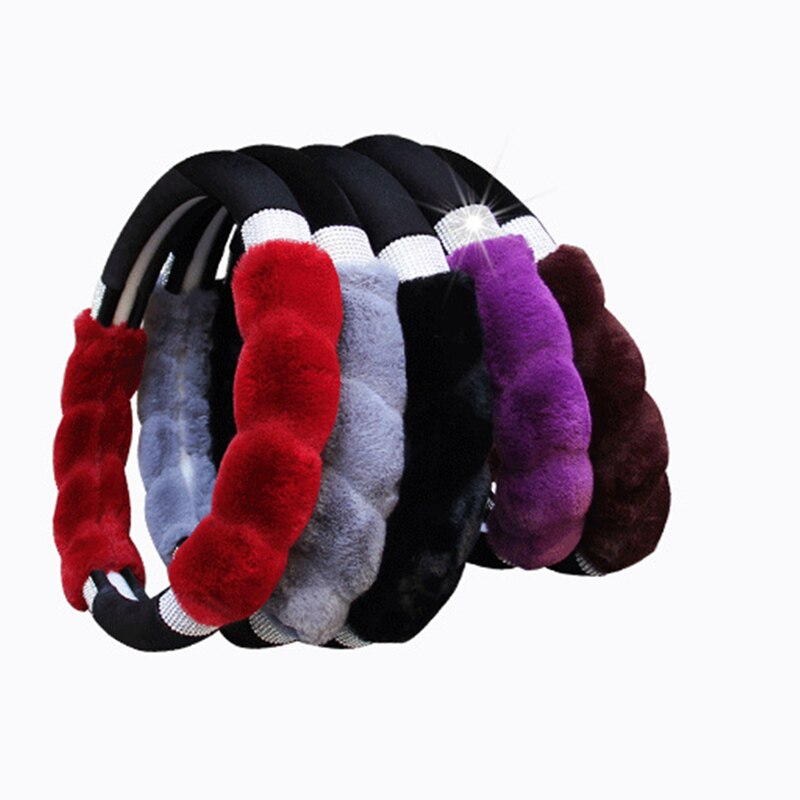 Housse de volant en fourrure hiver peluche diamants antidérapant poignée chaude couverture sur le volant housse de direction accessoires de voiture