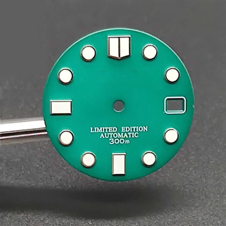 28.5mm NH35 Watch Dial Black Matte Abalone Modified Dial C3 Green Luminous Dial for NO.5 SKX007 NH35 NH36 Movement with S LOGO: 300 Green