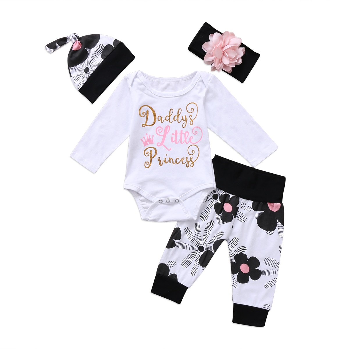Pasgeboren Baby Meisjes 4 stuks Kleding Set Bloem bebe Outfit papa prinses Jumpsuit Bodysuit + Bloemen Broek + Hoed + hoofdband Kleding Set