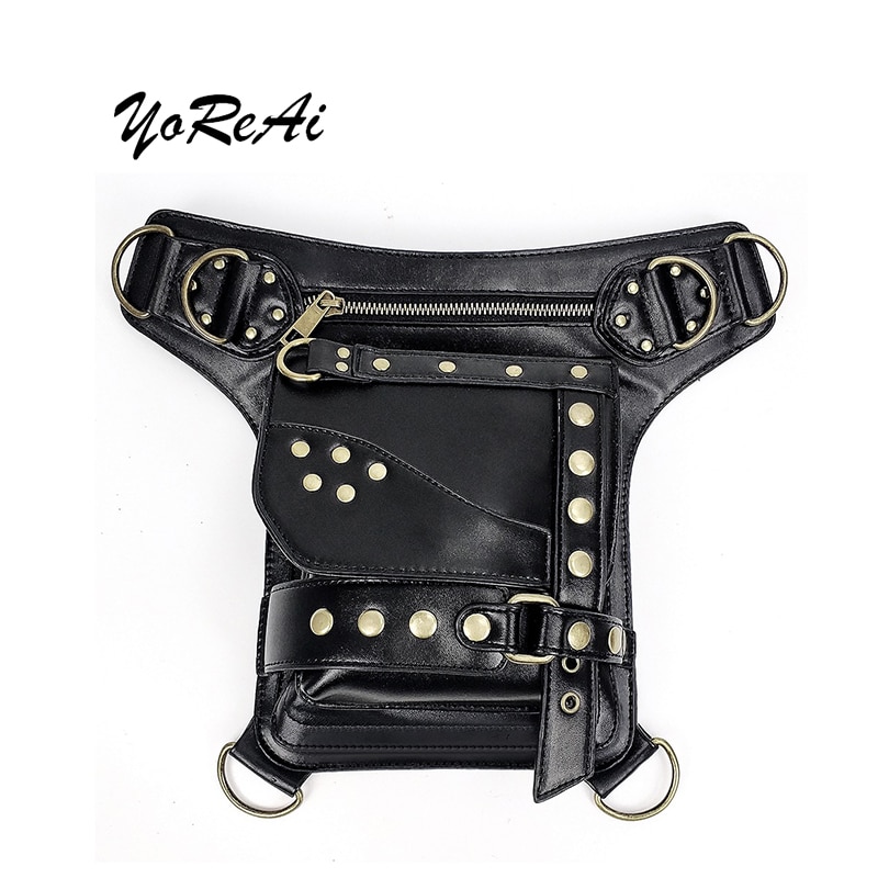 YoReAi Women Waist Bag Retro Gothic Fanny Packs Motorcycle Hip Leg Pack Steam Punk Holster Men PU Leather Crossbody Bags