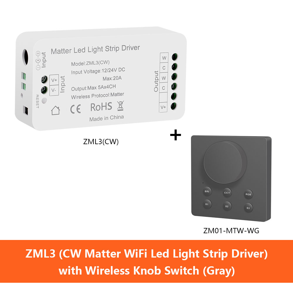 Zemismart Matter WiFi LED bande lumineuse pilote avec bouton sans fil interrupteur prise en charge Homekit Smartthings Alexa Google Home App contrôle: Black