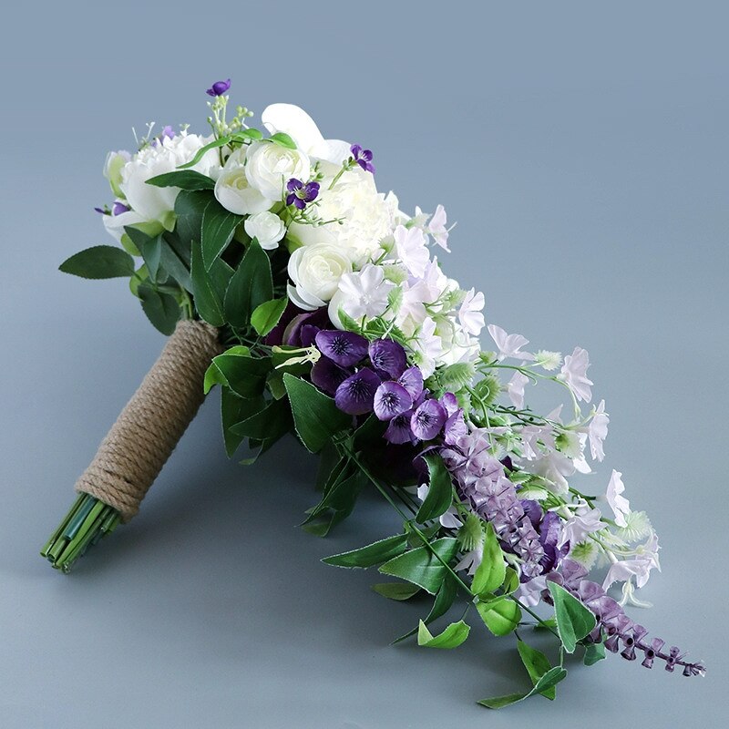 Ramo de novia en cascada, flores artificiales de boda, orquídeas en cascada, Rosa verde, púrpura,