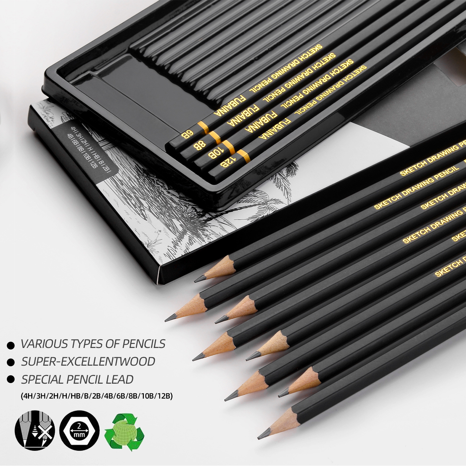 HB 2H 4H 6H B 2B 3B 4B 5B 6B 8B 10B Drawing Sketching Pencil Set,12 Pieces Art Pencils Graphite Shading Pencils for Beginners