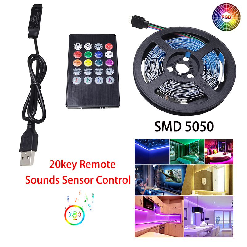 NOWYEY LED Strip 5V 5050 RGB USB Flexible Ribbon With Sound Sensor With 24 Keys Remote Control For TV Background Lighting: Emitting Color2 / 4 m
