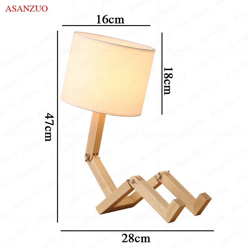 Nordic Art Houten Robot Vormige Tafellamp Moderne Woonkamer Slaapkamer Bedlampje Studie Decor Led Bureaulamp E14