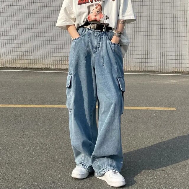 Streetwear Vintage Cargo Jeans Women Big Pocket Wide Leg Jeans Hip Hop Plus Size 80kg Denim Pants Man Blue Black Baggy Trousers: blue / M 45-50kg