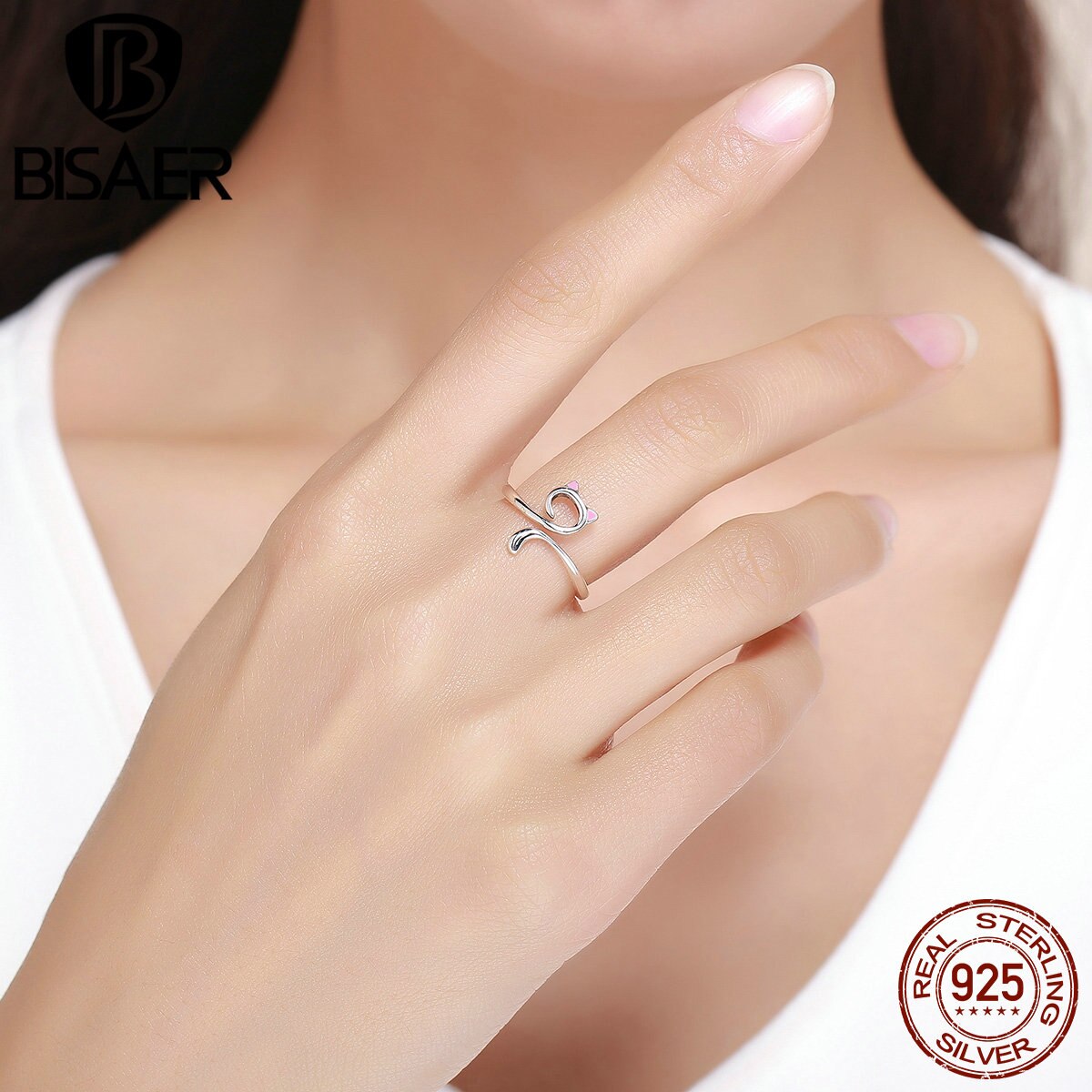 BISAER 100% 925 Sterling Silver Anel Cat Pussy Kitten Cat Tail Adjustable Finger Ring Female Sterling Silver Jewelry ECR341