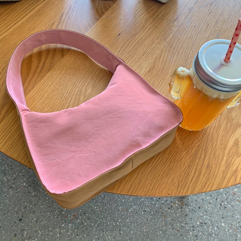 Women Soft Pink Small Shoulder Bags Stitching Color Ladies Hobos Baguette Purse Handbags Retro Female Girls Underarm Bag