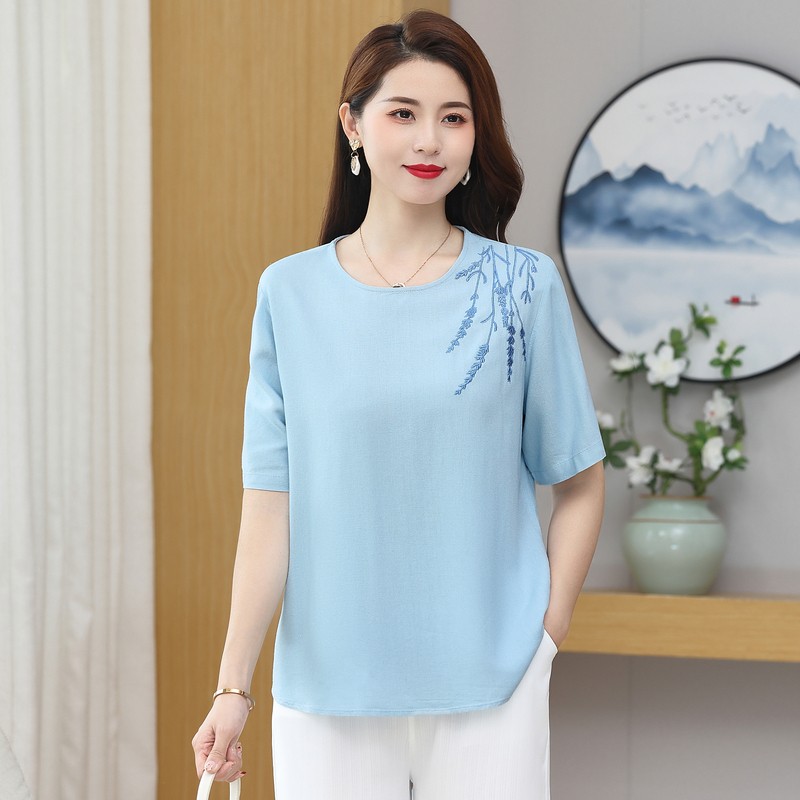 Women's Summer Style Retro Solid Color Round Neck Embroidered Cotton Hemp Button Short Sleeve Loose T-shirt Top