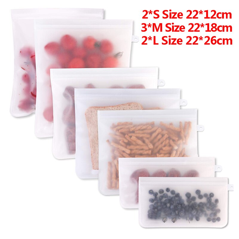 10Pcs Peva Silicone Voedsel Opbergtas Herbruikbare Vriezer Tas Lekvrij Top Zip Lock Tassen Keuken Organizer Vers Houden tas: 7pcs