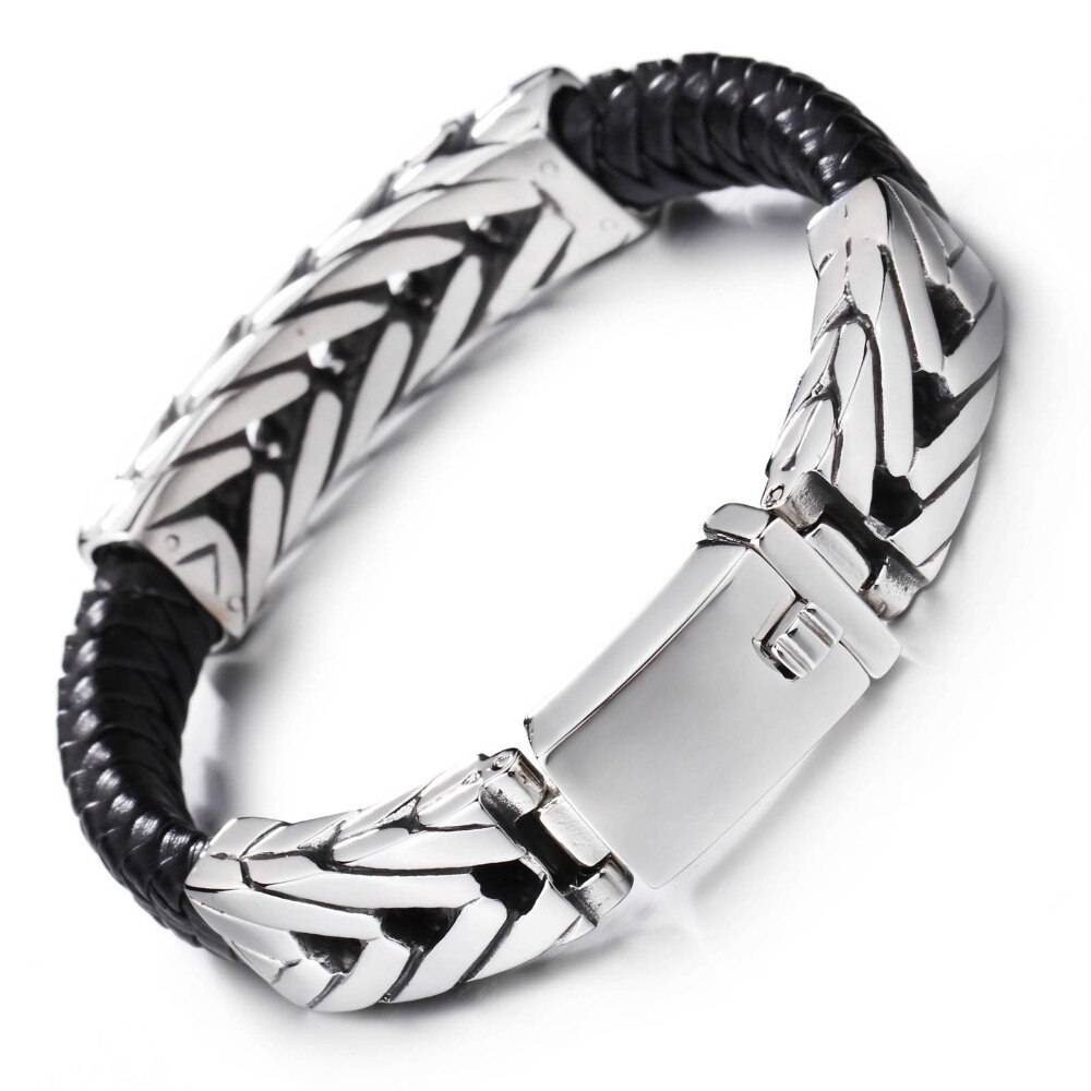 TrustyLan Brand Men's Bracelets Black Leather & Stainless Steel Wrap Bracelet Men Jewelry For Him Pulseras Hombre