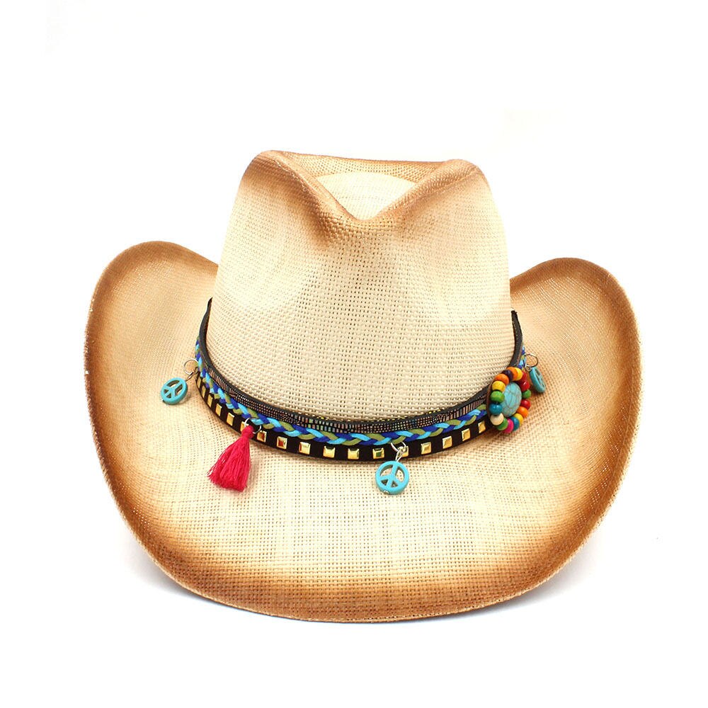 Kvinder halm cowboy hat med punk læderbånd til lady western sombrero hombre cowgirl jazz caps størrelse 58cm: C5 bcq