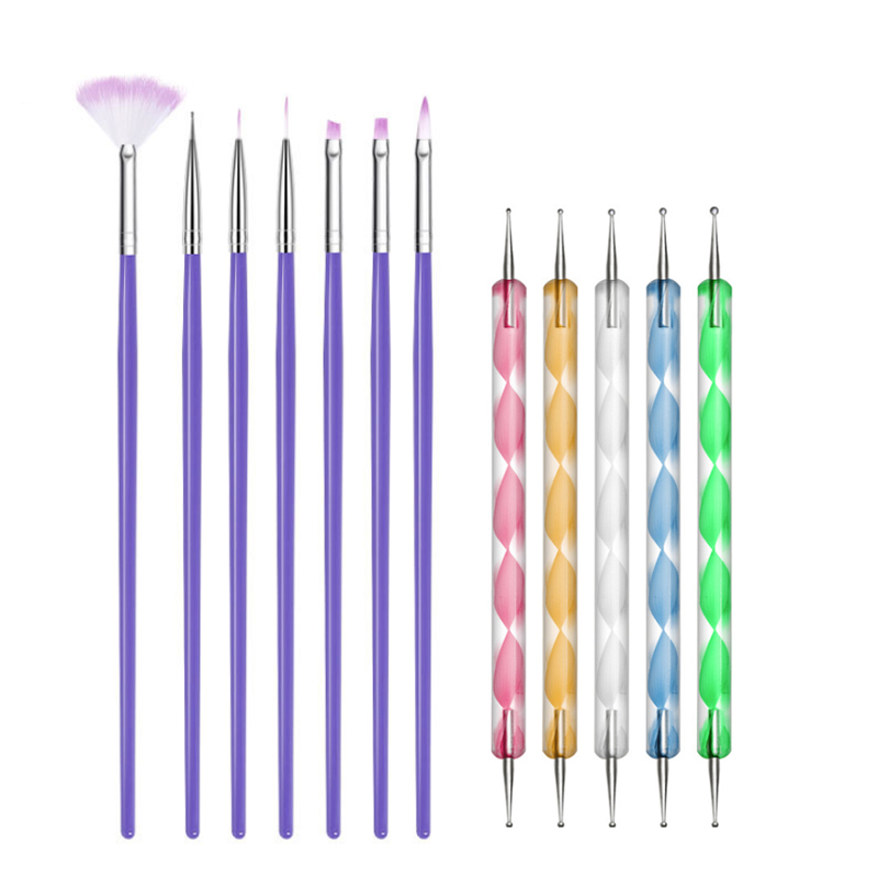 Nail Art Tools Set 7 Purple Brushes and 5 Double Ends Dotting Pens Drawing Paint UV Gel Liner Polish for Nail Tips Designs