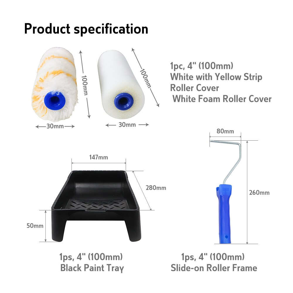 BRAKEMAN DIY Paint Roller Tray Kit 4 INCH 100mm Foam and Acrylic Mini Roller Cover Sets for Small Job Painting Decorative