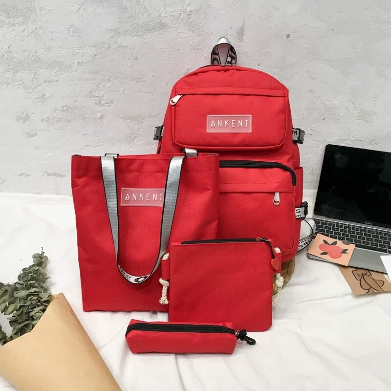 4 pièces ensemble sac d'école pour adolescentes Oxford femmes sac à dos femme sac à dos grande capacité voyage sac à dos Mochilas: Red