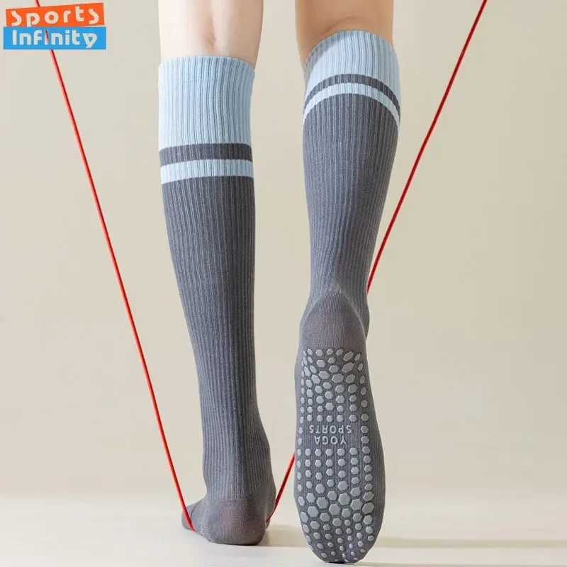 Color Blocked Yoga Calf Socks Anti Slip Pilates Socks Dance Fitness Sports Socks Long Tube Compression Stockings