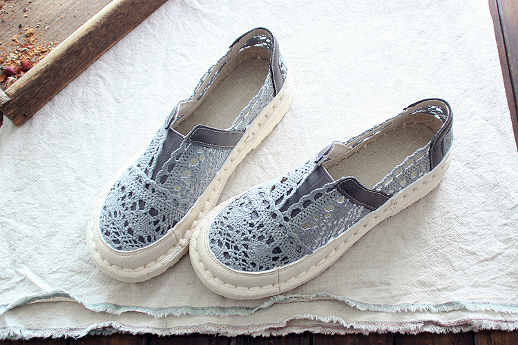 Careaymade-Pure handmade lazy shoes,lace hook Ladies flower casual shoes ,Sweet art comfortable breathable flat shoes,3colors: GRAY / 4